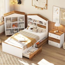 3-Pieces Bedroom Sets, Twin Size House-Shaped Wooden Bed with Storage Drawers, Nightstand with Colorblock Design and House-shaped Stroage Rack