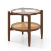 Retro Elegant Rattan Round Side End Table with Tempered Glass Tabletop