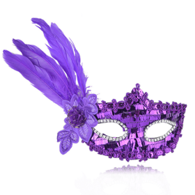 Mardi Gras Mask, Feather Eye Mask for Halloween (Color: Purple)