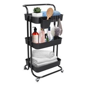 3 Tier Rolling Utility Cart Movable Storage Organizer with Mesh Baskets Lockable Wheels 360 Degree Rotatable Hanging Box Hooks Bedroom Bathroom Kitche (Color: black, type: 3 Tier)