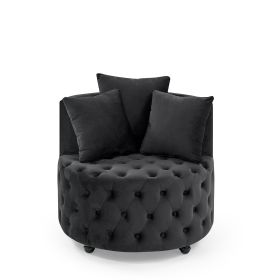 Velvet Upholstered Swivel Chair for Living Room, with Button Tufted Design and Movable Wheels, Including 3 Pillows (Color: black)