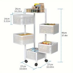 Rotating Kitchen Storage Shelf 5 Tier, Metal Fruit Vegetable Storage Basket Multi-Layer Vegetable Rack Storage Trolley on Wheels, Floor-Standing Baske (Color: White, size: 5th floor)